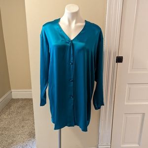 Vintage Victoria Secret teal silk long sleeve button down nightgown size M NWT